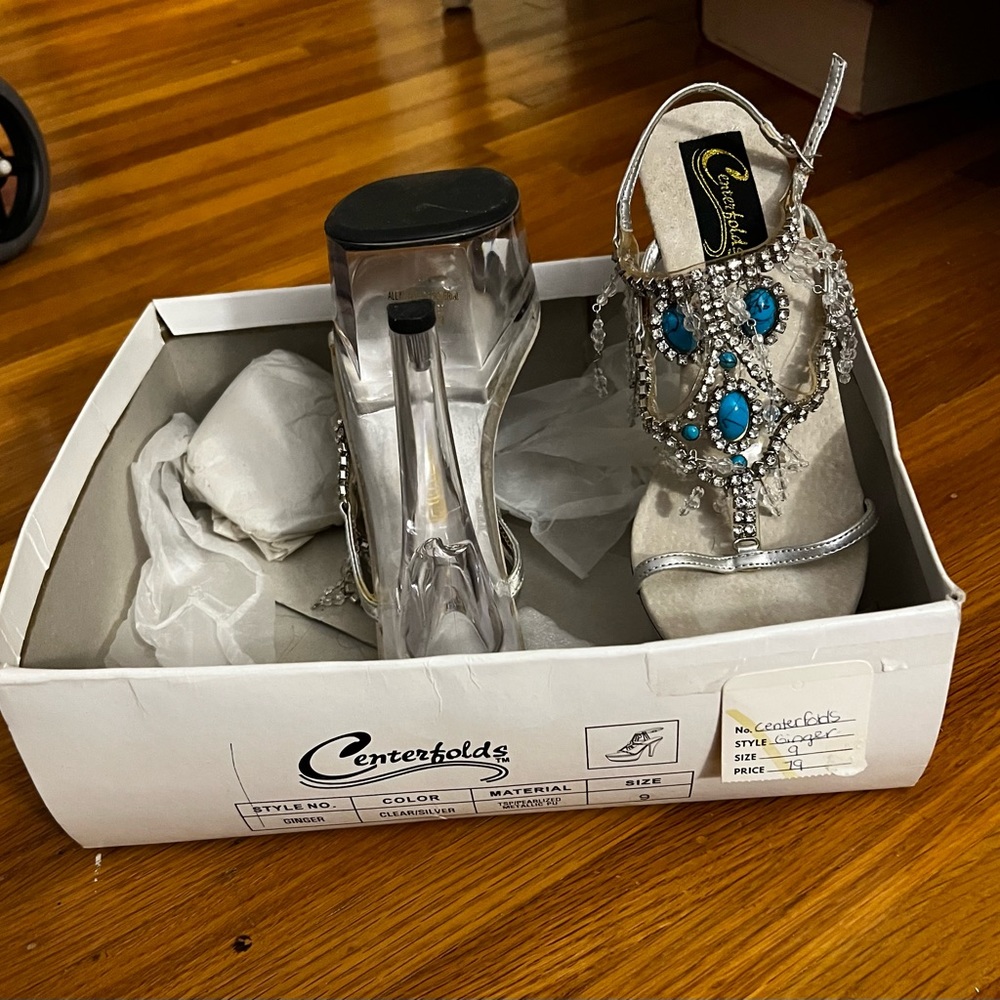 Centerfold-Rhinestone & Turquoise Stone Platform Heels,size 9, buckles at ankle